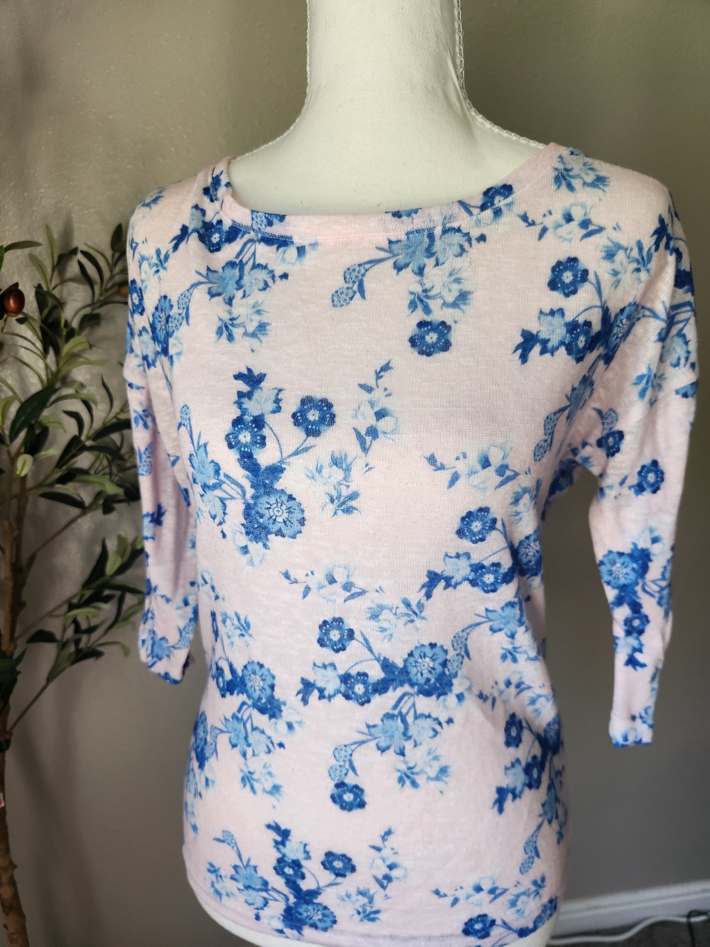 Women's Pink Floral Boatneck Blouse with Blue Print